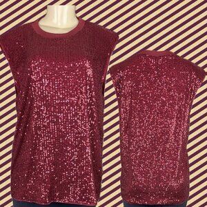 Timing L Red Wine Sequin Crew Knit Neck Padded Shoulders Sleeveless Tank Blouse